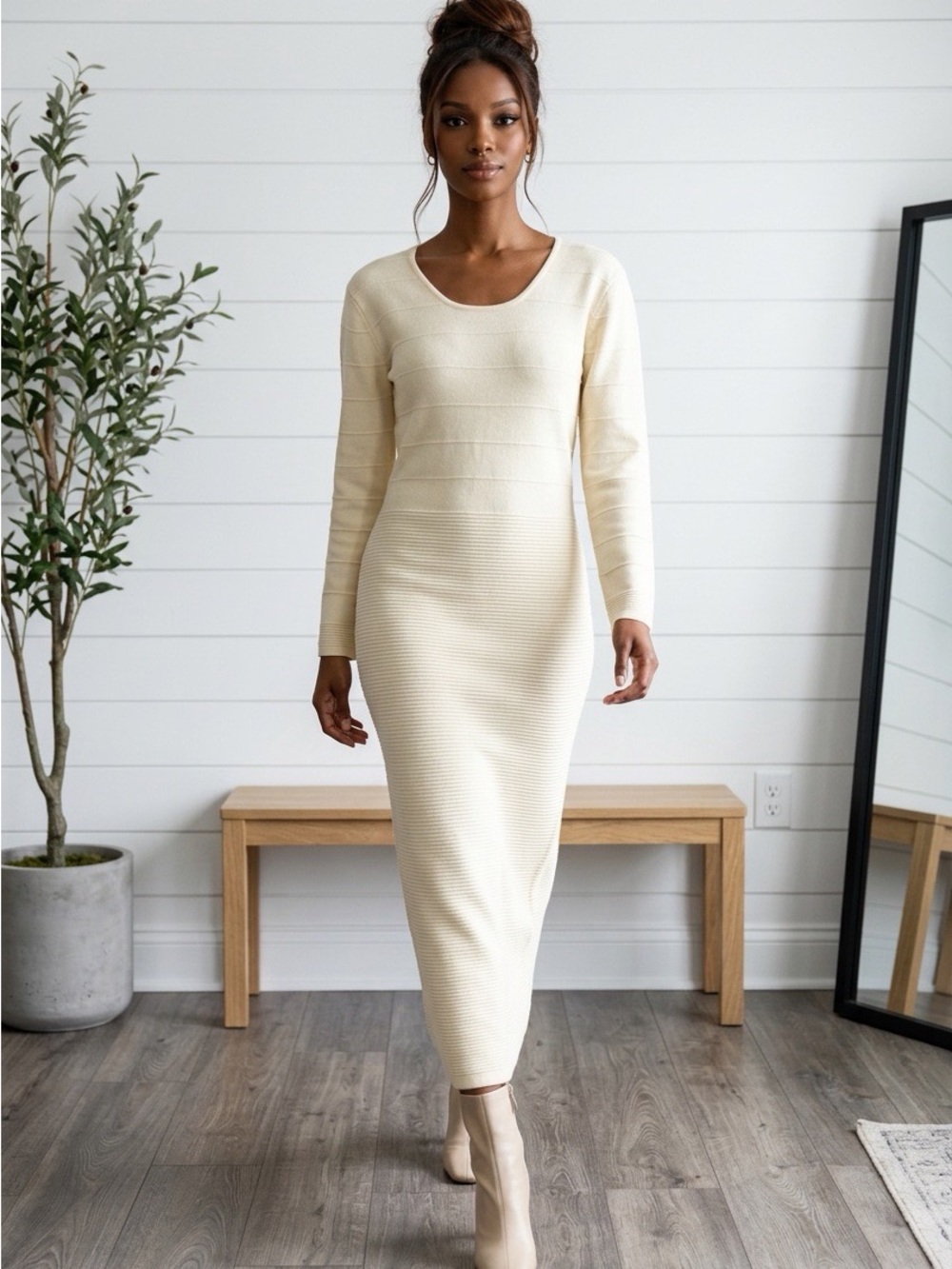Cream Long Sleeve Ribbed Midi Dress